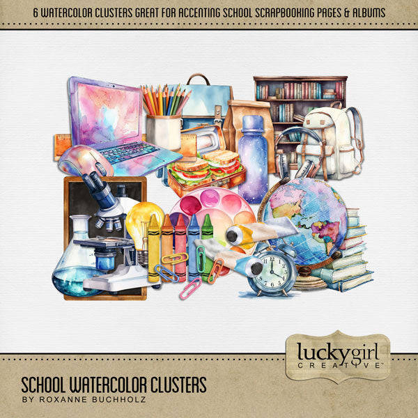 Add fun watercolor clusters by Lucky Girl Creative digital art to all your school digital scrapbooking pages showcasing your student in primary or elementary school. Clusters include art supplies, paint, crayons, paper clips, science, chalkboard, lightbulb, microscope, beaker, lunch box, backpack, thermos, sack lunch, glove, clock, books, laptop computer, mouse, bookcase, and earphones. This kit is included in the School Watercolor Bundle.