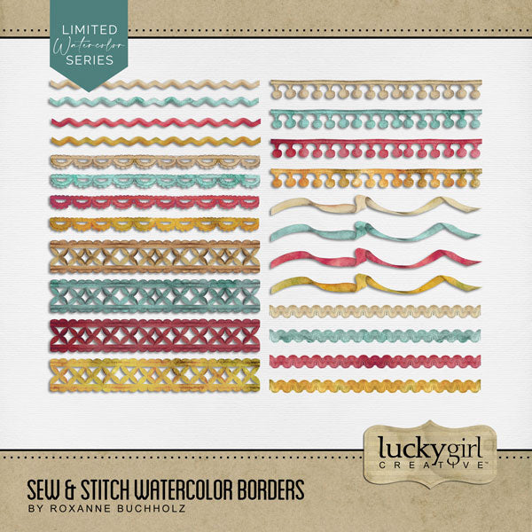 Whether you love to stitch or sew, these easy-to-use digital scrapbooking border embellishments by Lucky Girl Creative digital art will help you document your favorite hobby or craft - crochet, embroider, cross stitch, sew, knit, or craft with fabric. This kit is included in the Sew & Stitch Watercolor Bundle.