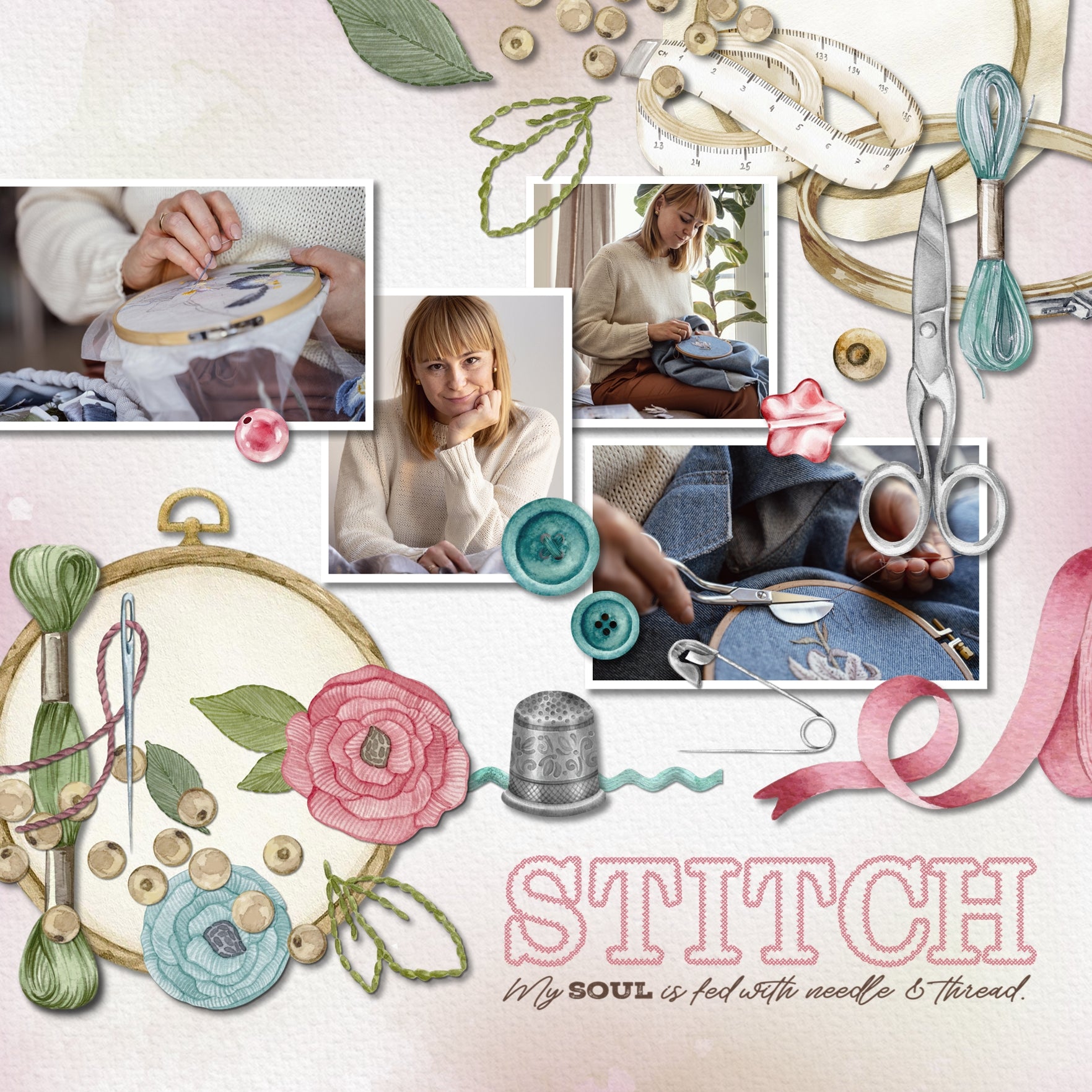 Whether you love to stitch or sew, these digital scrapbooking embellishments, clusters, and word art by Lucky Girl Creative digital art will help you document your favorite hobby or craft - crochet, embroider, cross stitch, sew, knit, or craft with fabric. Embellishments include yarn, wicker basket, clothes, socks, sweater, cotton, crochet flowers, crocket hook, embroidery basket, embroidered flowers, embroidery hoop, thread, floss, fabric, seamstress, material, arm chair, heart, knitting basket, and more.