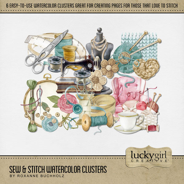 Whether you love to stitch or sew, these easy-to-use digital scrapbooking cluster embellishments by Lucky Girl Creative digital art will help you document your favorite hobby or craft - crochet, embroider, cross stitch, sew, knit, or craft with fabric. This kit is included in the Sew & Stitch Watercolor Bundle.