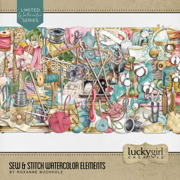 Whether you love to stitch or sew, these digital scrapbooking embellishments by Lucky Girl Creative digital art will help you document your favorite hobby or craft - crochet, embroider, cross stitch, sew, knit, or craft with fabric. Embellishments include yarn, wicker basket, clothes, socks, sweater, cotton, crochet flowers, crocket hook, embroidery basket, embroidered flowers, embroidery hoop, thread, floss, fabric, seamstress, material, arm chair, heart, knitting basket, knitting needles, and more.