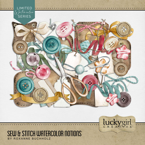 Whether you love to stitch or sew, these digital scrapbooking embellishments by Lucky Girl Creative will help you document your favorite hobby or craft - crochet, embroider, cross stitch, sew, knit, or craft with fabric. Each of the buttons, bows, ribbons, sewing scissors, tags, beads, hooks, and needles and thread will add that extra warmth and authenticity to your pages. This kit is included in the Sew & Stitch Watercolor Bundle.