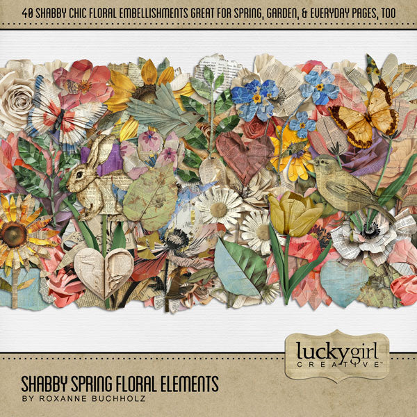 Add these beautiful vintage spring ephemera embellishments by Lucky Girl Creative digital art to all your digital scrapbooking pages. Great for spring, Easter, and garden pages! Embellishments include mixed media newspaper flowers, bunny rabbit, butterfly, bird, leaves, branch, sunflower, rose, poppy, peony, lotus, forget me not, lily, tulip, heart, and more. This kit is included in the Shabby Spring Floral Bundle and the Shabby Spring Floral Kit.