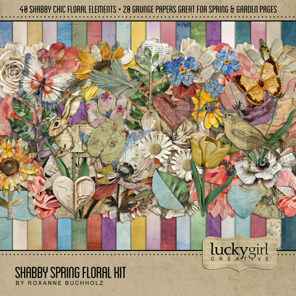 Add these beautiful vintage spring ephemera embellishments and grunge papers by Lucky Girl Creative digital art to all your digital scrapbooking pages. Great for spring, Easter, and garden pages! Embellishments include mixed media newspaper flowers, bunny rabbit, butterfly, bird, leaves, branch, sunflower, rose, poppy, peony, lotus, forget me not, lily, tulip, heart, and more. This kit is included in the Shabby Spring Floral Bundle.