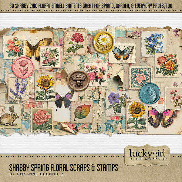 Add these beautiful vintage spring ephemera embellishments by Lucky Girl Creative digital art to all your digital scrapbooking pages. Great for spring, Easter, and garden pages! Embellishments include flowers, butterfly, rose, leaf, forget me nots, morning glory, cherry blossom, sunflower, lavender, bunny rabbit, bee, daisy, tulip, wax seal, and scraps of floral papers. This kit is included in the Shabby Spring Floral Bundle.