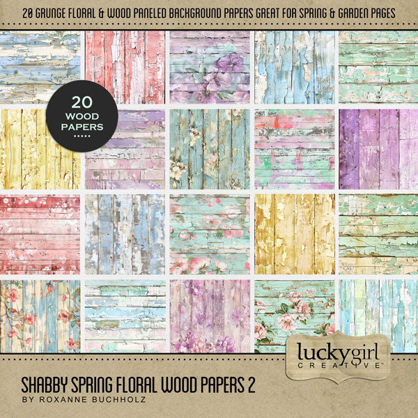Add these beautiful grunge floral and wood background papers in spring colors by Lucky Girl Creative digital art to all your digital scrapbooking pages. Great for spring, Easter, and garden pages! This kit is included in the Shabby Spring Floral Bundle.