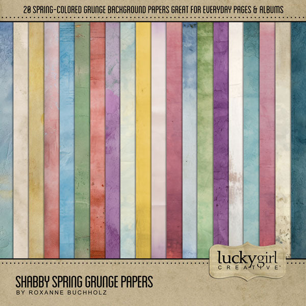 Add these beautiful spring grunge background papers by Lucky Girl Creative digital art to all your digital scrapbooking pages and mix-and-match them on various projects throughout the year! Great for any occasion and theme! This kit is included in the Shabby Spring Floral Bundle and the Shabby Spring Floral Kit.