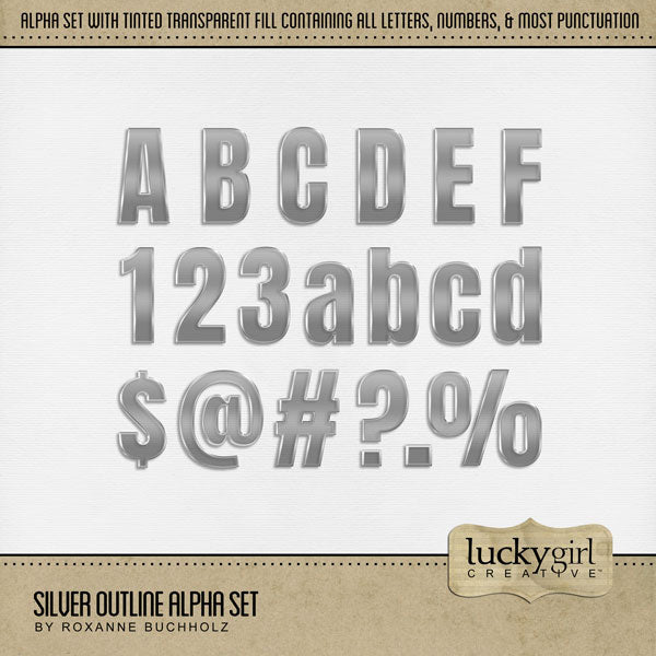 Celebrate special occasions with this beautiful silver outline alpha set by Lucky Girl Creative. The semi-transparent fill will help your titles pop off the page. Perfect for Christmas, New Year, birthday, wedding, anniversary, sports, and more!