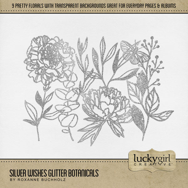 Add a touch of silver to all your digital scrapbooking page backgrounds! Great for adding sparkle and shine to any occasion including birthday, anniversary, celebration, wedding, the holidays, and more! These silver floral botanicals are hand drawn, filled with glitter, and have a transparent background perfect for layering on top of other digital papers and photos. Digital scrapbooking kit by Lucky Girl Creative digital art.