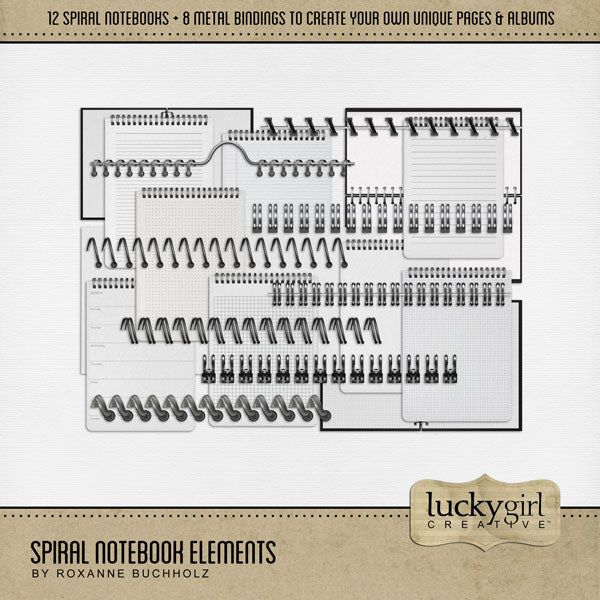Filled with digital scrapbooking spiralbound notebooks, individual metal bindings, and versatile papers, this digital kit by Lucky Girl Creative Digital Art is great for adding journaling spots and creating your own spiral notebooks.