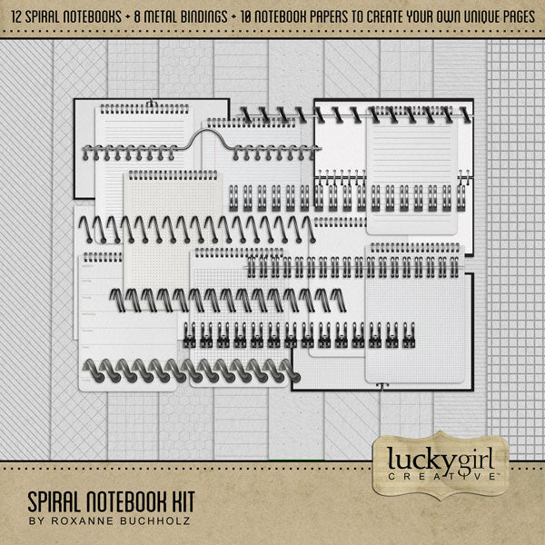 Filled with digital scrapbooking spiralbound notebooks, individual metal bindings, and versatile papers, this digital kit by Lucky Girl Creative Digital Art is great for adding journaling spots and creating your own spiral notebooks.