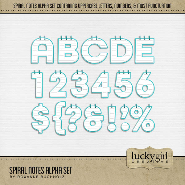 Add these fun, spiral bound notebook paper school letters, numbers, and punctuation by Lucky Girl Creative digital art to all your digital scrapbooking pages and mix-and-match them on various projects throughout the year! Great for school, everyday, children, and teens! The Spiral Notes Alpha Set consists of a full set of digital art uppercase alphabet letters A-Z, numbers 0-9, and most punctuation marks. This alpha set is available as individual embellishments only.