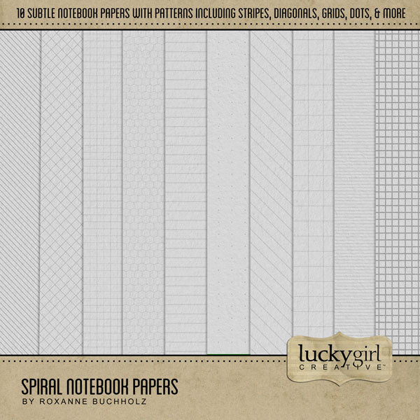 Filled with digital scrapbooking spiralbound notebooks, individual metal bindings, and versatile papers, this digital kit by Lucky Girl Creative Digital Art is great for adding journaling spots and creating your own spiral notebooks.