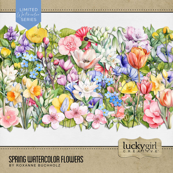 Add these beautiful watercolor spring flowers by Lucky Girl Creative digital art to all your digital scrapbooking pages. Great for all your spring and Easter pages, greeting cards, and holiday decor. This kit is NOT included in any bundle.