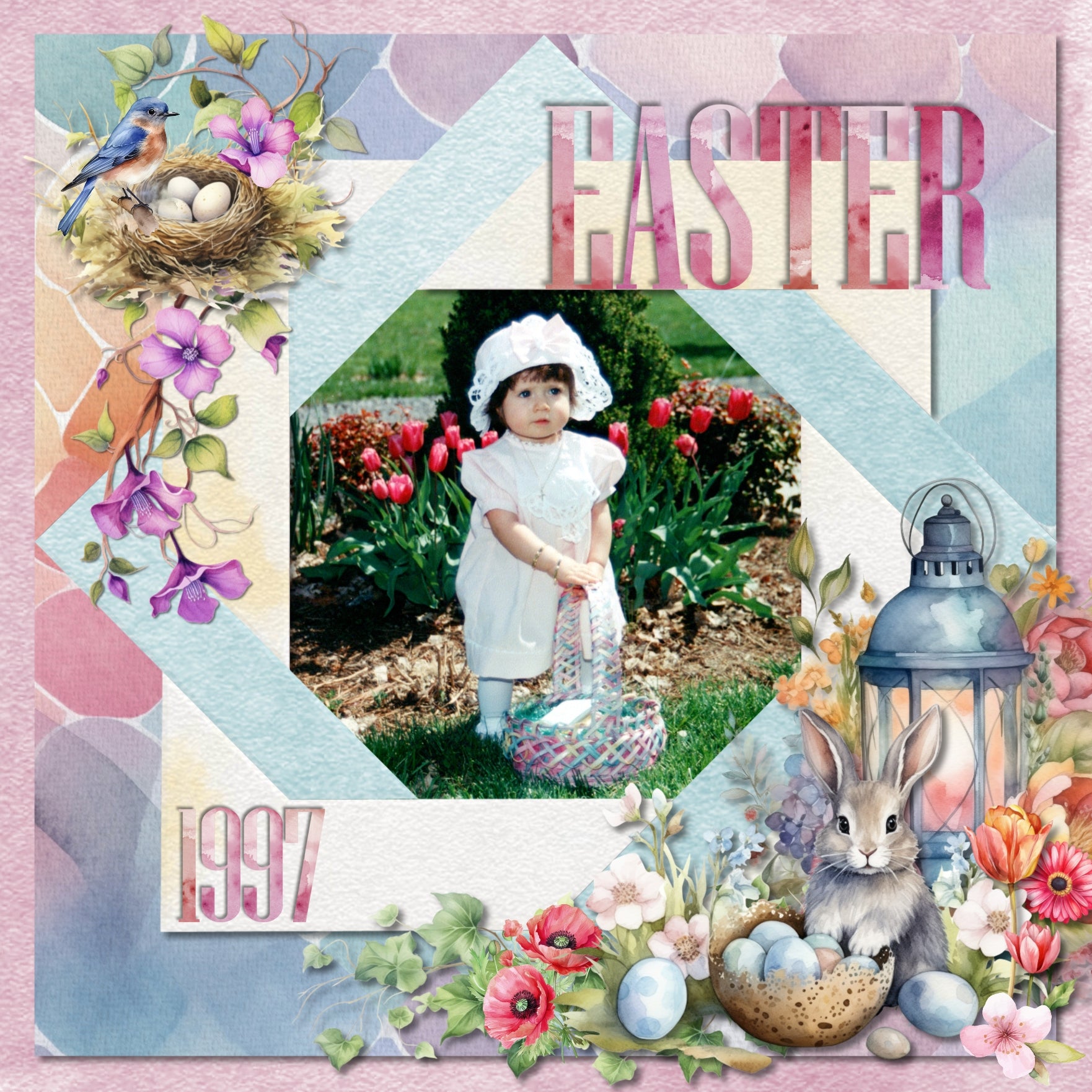 Add these beautiful watercolor Easter embellishments by Lucky Girl Creative digital art to all your digital scrapbooking pages. Great for all your spring and Easter pages, greeting cards, and holiday decor. Embellishments include bluebird, bird, birdhouse, chick, chicken, finch, bird nest, bunny, rabbit, hare, Easter eggs, honey bee, ladybug, sheep, lamb, banner, bunting, flags, basket, branch, buds, carrot cake, clouds, umbrella, cookies, chocolate dipped strawberry, cake, white egg, dyed eggs, and more.