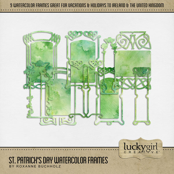 Add these beautiful green watercolor decorative Celtic Knot and shamrock frames to all your digital scrapbooking pages! Great for vacations to Ireland, Scotland, the United Kingdom, Irish family history, and St. Patrick's Day! This kit is included in the St. Patrick's Day Watercolor Bundle.