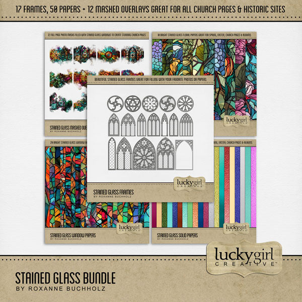 These beautiful and ornate digital scrapbooking stained glass window frames, digital papers, and masked overlays by Lucky Girl Creative digital art are the perfect addition to any page featuring church, faith, religion, wedding, and other historic sites such as basilicas, cathedrals, temples, and chapels. Use the Stained Glass Papers behind the Stained Glass Frames to create a unique look.