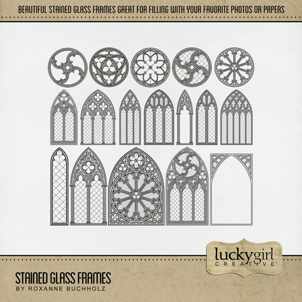 These beautiful and ornate digital scrapbooking stained glass window frames by Lucky Girl Creative digital art are the perfect addition to any page featuring church, faith, religion, wedding, and other historic sites such as basilicas, cathedrals, temples, and chapels.