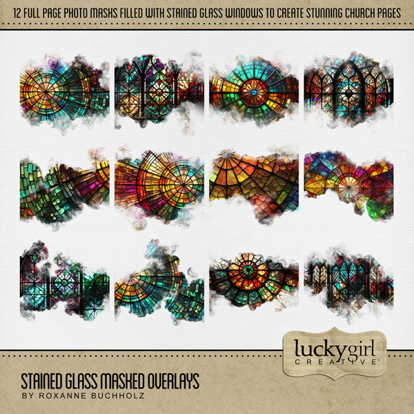 These beautiful multi-colored glass digital scrapbooking masked photo overlays with transparent edges by Lucky Girl Creative digital art blend seamlessly into any background paper and make the perfect backdrop for any page featuring church, faith, religion, wedding, and other historic sites such as basilicas, cathedrals, temples, and chapels.