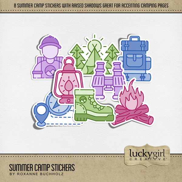 Fun begins at Summer Camp while exploring the outdoors and nature! Accent your favorite camping pages with these bright modern stickers with raised shadows by Lucky Girl Creative digital art for digital scrapbooking. Great for camping with the kids, hiking, bonfires, and geocaching. Icon embellishments include hiker, tent, compass, lantern, hiking boot, campfire, fire, backpack, binoculars, and more. This kit is NOT included in any bundle.