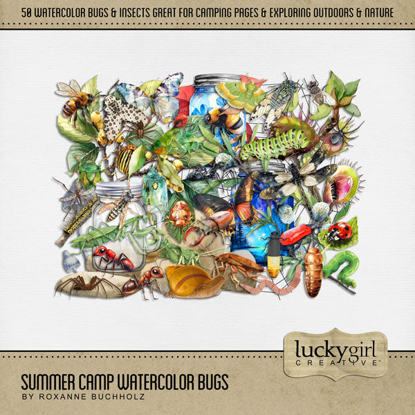 Fun begins at Summer Camp while exploring the outdoors and nature! Accent your favorite camping pages with these fun bug and insect embellishments by Lucky Girl Creative digital art for digital scrapbooking! Embellishments include bug, insect, ant, bee, beetle, butterfly, worm, caterpillar, cicada, cockroach, dragonfly, earthworm, firefly, spider, tick, flea, fly, grasshopper, leaf bug, inch worm, ladybug, praying mantis, larvae, pupa, moth, slug, snail, spider, spider web, hornet, wasp, leaf, and more.
