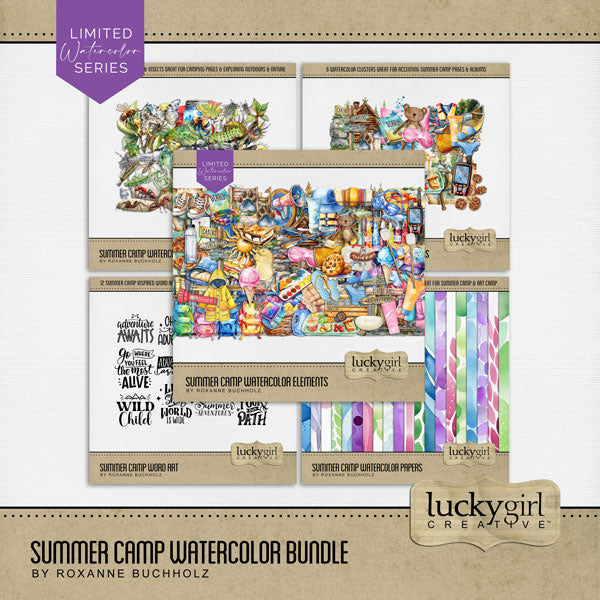 Fun begins at Summer Camp while exploring the outdoors and nature! Accent your favorite children camping pages with these bright watercolor embellishments, bold patterned papers, clusters, and word art by Lucky Girl Creative digital art for digital scrapbooking! Embellishments include paw prints, animal prints, archery, target, paint, backpack, basketball hoop, birdhouse, blanket, diary, journal, book, boulders, rocks, bubbles, bunk beds, summer camp bus, school bus, cabin, log cabin, campfire, and more.