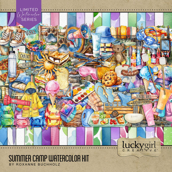 Fun begins at Summer Camp while exploring the outdoors and nature! Accent your favorite camping pages with these fun watercolor embellishments and bold patterned background papers by Lucky Girl Creative digital art for digital scrapbooking! Embellishments include paw prints, animal prints, archery, target, paint, backpack, basketball hoop, birdhouse, blanket, diary, journal, book, boulders, rocks, bubbles, bunk beds, summer camp bus, school bus, cabin, log cabin, campfire, fire pit, oar, canoe, and more.
