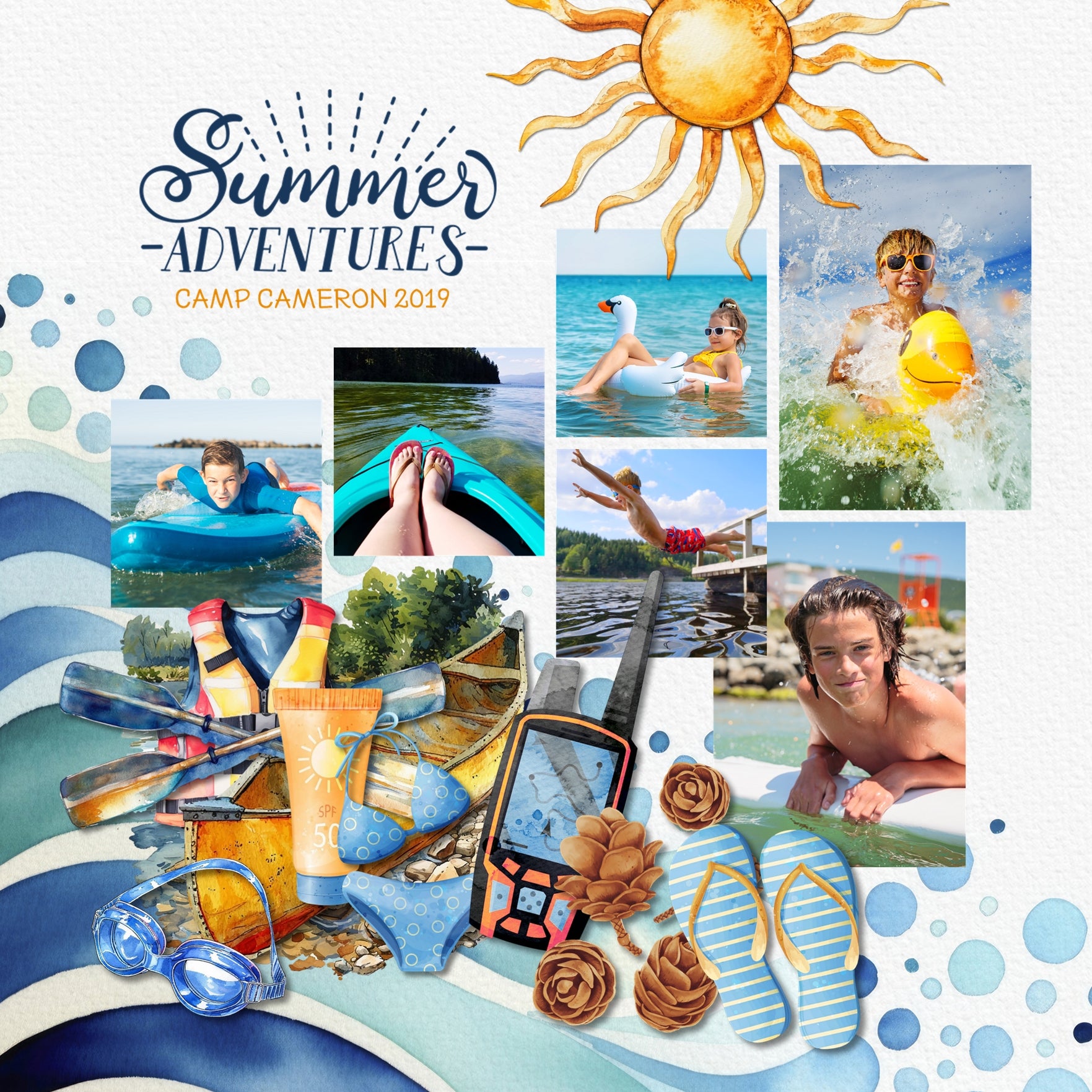 Fun begins at Summer Camp while exploring the outdoors and nature! Accent your favorite children camping pages with these bright watercolor embellishments, bold patterned papers, clusters, and word art by Lucky Girl Creative digital art for digital scrapbooking! Embellishments include paw prints, animal prints, archery, target, paint, backpack, basketball hoop, birdhouse, blanket, diary, journal, book, boulders, rocks, bubbles, bunk beds, summer camp bus, school bus, cabin, log cabin, campfire, and more.