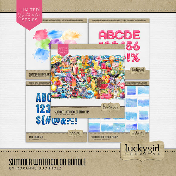 Capture all your fun summertime activities and travel destinations with this beautiful digital scrapbooking watercolor collection by Lucky Girl Creative digital art filled with embellishments, papers, and 2 alpha sets. Embellishments include bird, hummingbird, butterfly, grill, barbeque, BBQ, beach chair, beach umbrella, Corgi, hammock, beach, book, diary, car, auto, van, sun dress, lemonade stand, lemonade, smoothie, milkshake, strawberry, cocktail, beverage, fence, flower, lilac, wisteria, and more.