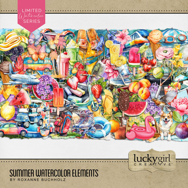Capture all your fun summertime activities and travel vacations with this beautiful watercolor digital scrapbooking embellishment kit by Lucky Girl Creative digital art filled with bright and sunny elements. Embellishments include bird, hummingbird, butterfly, grill, barbeque, BBQ, beach chair, beach umbrella, Corgi, hammock, beach, book, diary, car, auto, van, sun dress, lemonade stand, lemonade, drink, smoothie, milkshake, strawberry, cocktail, fence, flower, lilac, wisteria, snapdragon, and more.