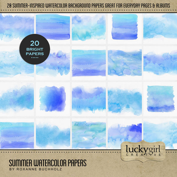 Capture all your fun summertime activities with this beautiful blue watercolor digital scrapbooking paper pack by Lucky Girl Creative digital art filled with dreamy watercolor backgrounds. Great for summer vacation, pool, swimming, holidays to the beach or ocean, and everyday pages, too! This kit is included in the Summer Watercolor Bundle.