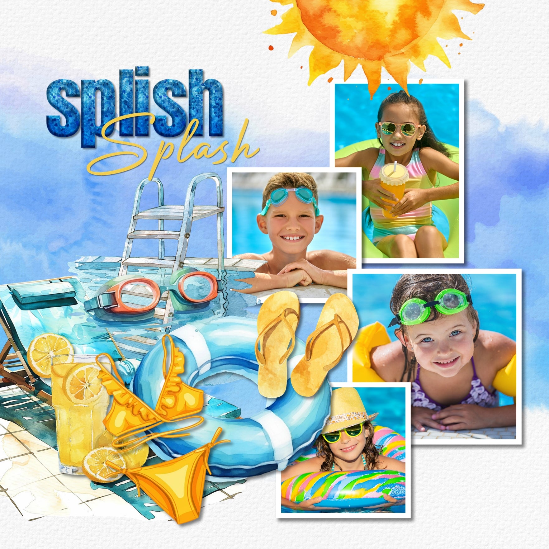Capture all your fun summertime activities and travel destinations with this beautiful digital scrapbooking watercolor collection by Lucky Girl Creative digital art filled with embellishments, papers, and 2 alpha sets. Embellishments include bird, hummingbird, butterfly, grill, barbeque, BBQ, beach chair, beach umbrella, Corgi, hammock, beach, book, diary, car, auto, van, sun dress, lemonade stand, lemonade, smoothie, milkshake, strawberry, cocktail, beverage, fence, flower, lilac, wisteria, and more.