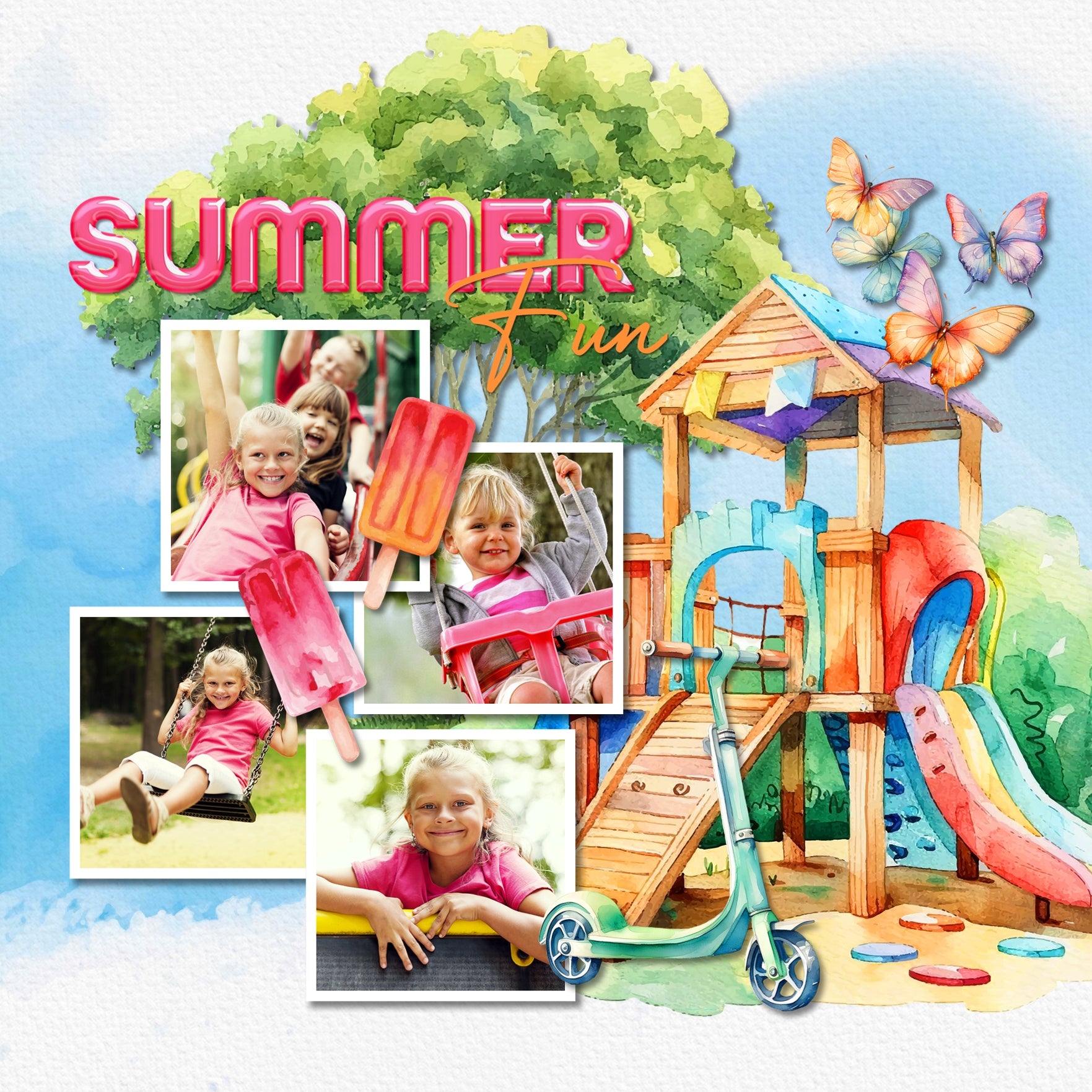 Capture all your fun summertime activities and travel destinations with this beautiful digital scrapbooking watercolor collection by Lucky Girl Creative digital art filled with embellishments, papers, and 2 alpha sets. Embellishments include bird, hummingbird, butterfly, grill, barbeque, BBQ, beach chair, beach umbrella, Corgi, hammock, beach, book, diary, car, auto, van, sun dress, lemonade stand, lemonade, smoothie, milkshake, strawberry, cocktail, beverage, fence, flower, lilac, wisteria, and more.