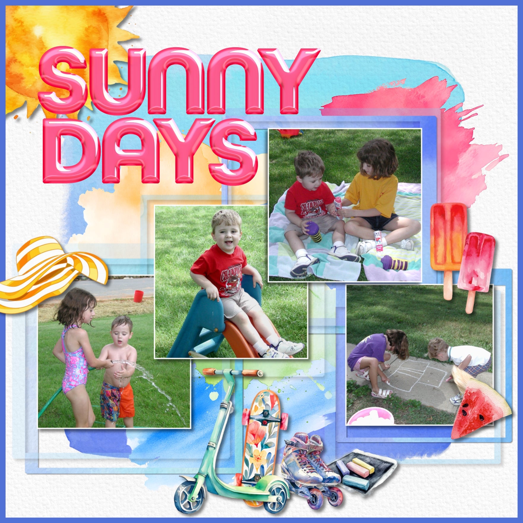 Capture all your fun summertime activities and travel destinations with this beautiful digital scrapbooking watercolor collection by Lucky Girl Creative digital art filled with embellishments, papers, and 2 alpha sets. Embellishments include bird, hummingbird, butterfly, grill, barbeque, BBQ, beach chair, beach umbrella, Corgi, hammock, beach, book, diary, car, auto, van, sun dress, lemonade stand, lemonade, smoothie, milkshake, strawberry, cocktail, beverage, fence, flower, lilac, wisteria, and more.