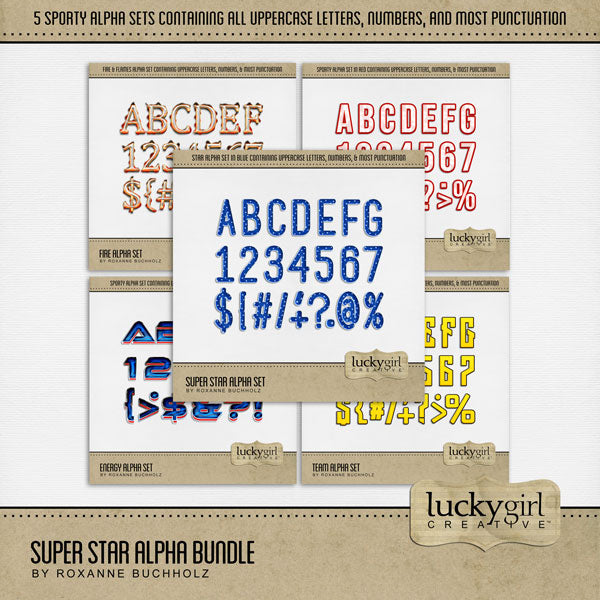 Add these sporty and energetic alphabet letters, numbers, and punctuation by Lucky Girl Creative digital art to all your digital scrapbooking pages and mix-and-match them on various projects throughout the year! Great for sports, school, amusement park and theme park adventure, summer, and more! Each of the 5 alpha sets consists of a full set of digital art uppercase alphabet letters A-Z, numbers 0-9, and most punctuation marks.