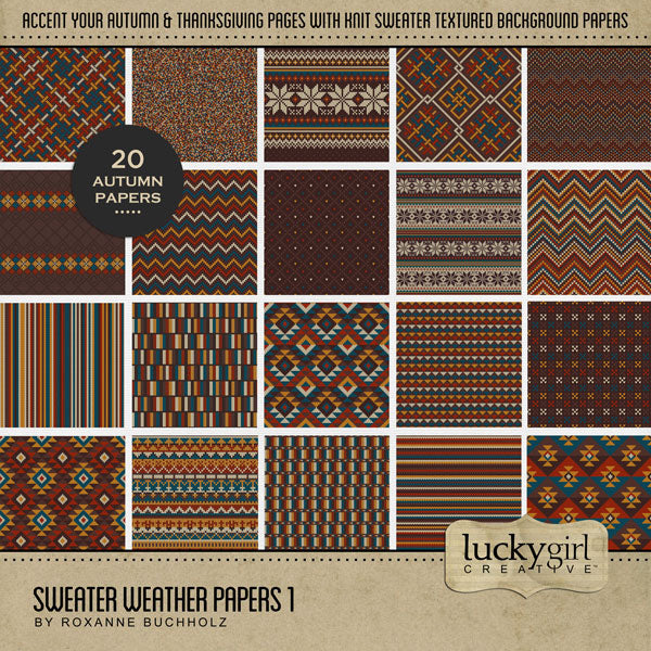 Perfect for autumn, fall, and cold weather adventures, these cozy digital scrapbooking knit sweater background papers by Lucky Girl Creative digital art will add the perfect touch of warmth to all your seasonal scrapbook pages. Great for Christmas pages, too, and easily colorized by adjusting the hue.