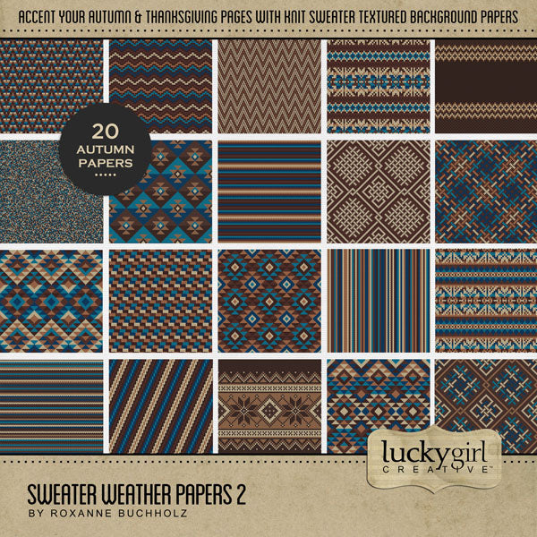 Perfect for autumn, fall, and cold weather adventures, these cozy digital scrapbooking knit sweater background papers by Lucky Girl Creative digital art will add the perfect touch of warmth to all your seasonal scrapbook pages. Great for Christmas pages, too, and easily colorized by adjusting the hue.