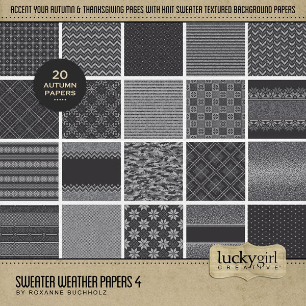 Perfect for autumn, fall, and cold weather adventures, these cozy digital scrapbooking knit sweater background papers by Lucky Girl Creative digital art will add the perfect touch of warmth to all your seasonal scrapbook pages. Great for Christmas pages, too, and easily colorized by adjusting the hue.