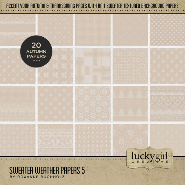 Perfect for autumn, fall, and cold weather adventures, these cozy digital scrapbooking knit sweater background papers by Lucky Girl Creative digital art will add the perfect touch of warmth to all your seasonal scrapbook pages. Great for Christmas pages, too, and easily colorized by adjusting the hue.