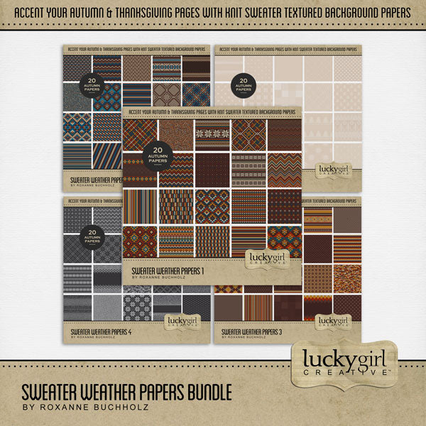 Perfect for autumn, fall, and cold weather adventures, these cozy digital scrapbooking knit sweater background papers by Lucky Girl Creative digital art will add the perfect touch of warmth to all your seasonal scrapbook pages. Great for Christmas pages, too, and easily colorized by adjusting the hue.