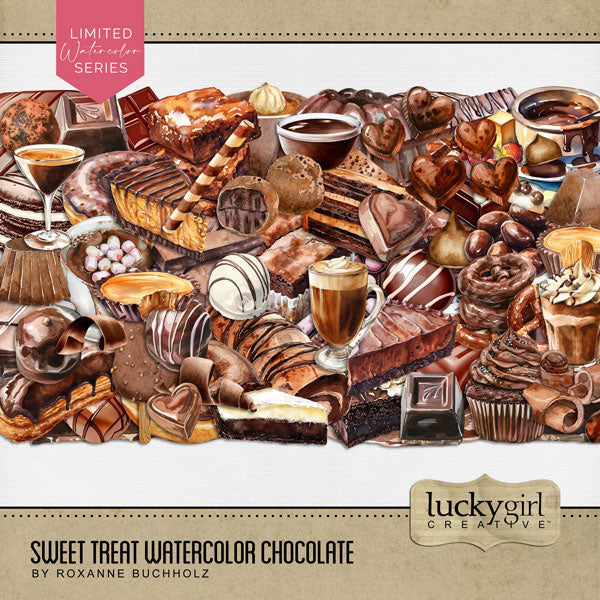 Savor the sweet moments in your life with these beautiful watercolor digital scrapbooking embellishments by Lucky Girl Creative digital art filled with chocolate goodness. Great for chocolate lovers, baking, desserts, and more. Embellishments include dark chocolate, milk chocolate, white chocolate, bourbon balls, brownie, cake, Bundt cake, slice of cake, layered cake, roll, heart candy box, chocolate chip, chocolate bar, candy bar, cupcake, pie, truffles, chocolate espresso beans, hazelnut, and more.