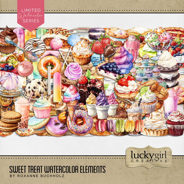 Savor the sweet moments in your life with these beautiful watercolor digital scrapbooking embellishments by Lucky Girl Creative digital art filled with tasty goodness. Great for birthday parties, trips to the candy shop, those with a sweet tooth, children, birthday parties, and more. Embellishments include bubble tea, boba, almond cake, carrot cake, Napoleon, cake pop, rainbow slice, cake roll, cake stand, wedding cake, candle, cannoli, cheesecake, ice cream, candy, chocolate lava cake, souffle, and more.