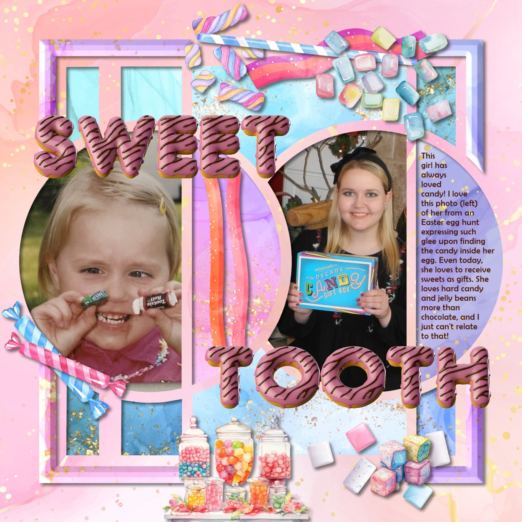 Savor the sweet moments in your life with these beautiful watercolor digital scrapbooking embellishments, pretty papers, and clusters by Lucky Girl Creative digital art filled with tasty goodness. Great for birthday parties, trips to the candy shop, those with a sweet tooth, children, birthday parties, and more. Embellishments include bubble tea, boba, almond cake, carrot cake, Napoleon, cake pop, rainbow slice, cake roll, cake stand, wedding cake, candle, cannoli, cheesecake, ice cream, candy, and more.