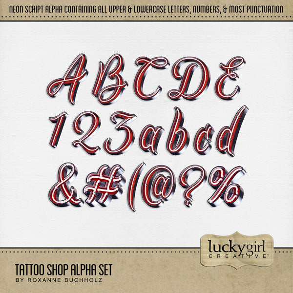 Document your newest tattoo, piercings, or body modification with this fun digital scrapbooking alpha set by Lucky Girl Creative digital art featuring alphabet letters, numbers, and punctuation in script neon lights. Great for tattoo artists, tattoo studios, and body artists, too. The Tattoo Shop Alpha Set consists of a full set of digital art uppercase letters A-Z, lowercase letters a-z, numbers 0-9, and most punctuation. This alpha set is available as individual embellishments only.