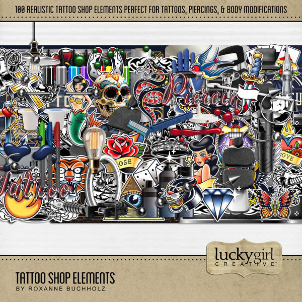 Document your newest tattoo, piercings, or body modification with these realistic digital scrapbooking embellishments by Lucky Girl Creative digital art. Great for tattoo artists, tattoo studios, and body artists, too. Embellishments include leather apron, chair, credit card, ink cups, ink drops, splatter, tattoo ink, tattoo studio label, latex gloves, lights, lightbulb, magnifying light, metal plaque, needle graphic, needle tip, and more.