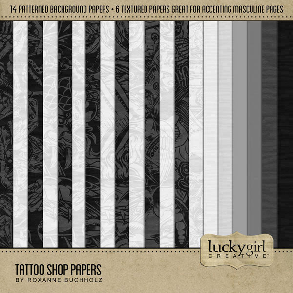 Document your newest tattoo, piercings, or body modification with these fun tattoo digital scrapbooking papers by Lucky Girl Creative digital art. Great for tattoo artists, tattoo studios, and body artists, too. Digital background papers include 14 tattoo patterns in black, white, and gray and a set of 6 plain, textured papers.