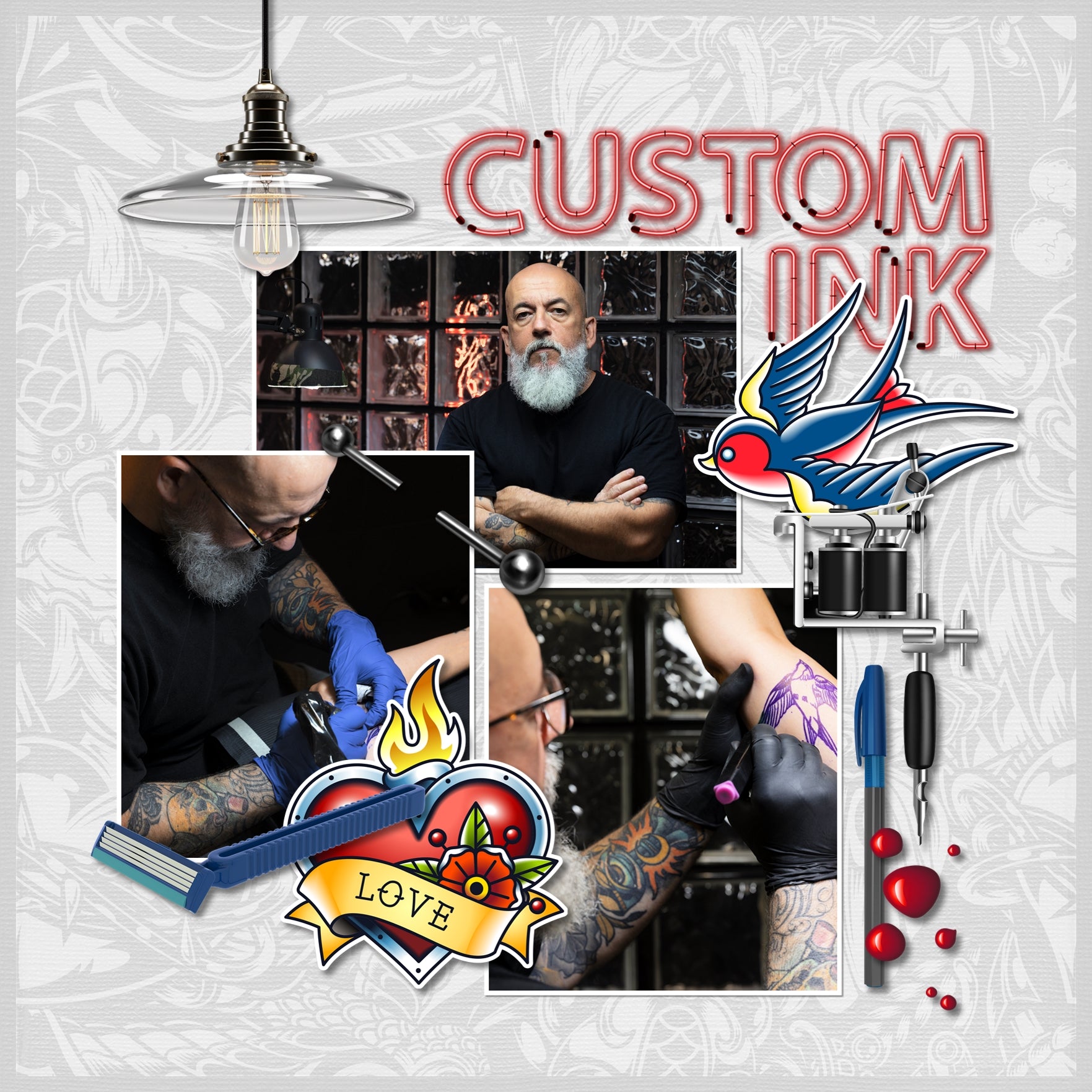 Document your newest tattoo, piercings, or body modification with these fun tattoo digital scrapbooking word art embellishments by Lucky Girl Creative digital art in neon lights. Great for tattoo artists, tattoo studios, and body artists, too. Word Art includes art, artist, body, club, custom, gallery, ink, modification, parlor, piercing, shop, skin, studio, tattoo, and tattoos.