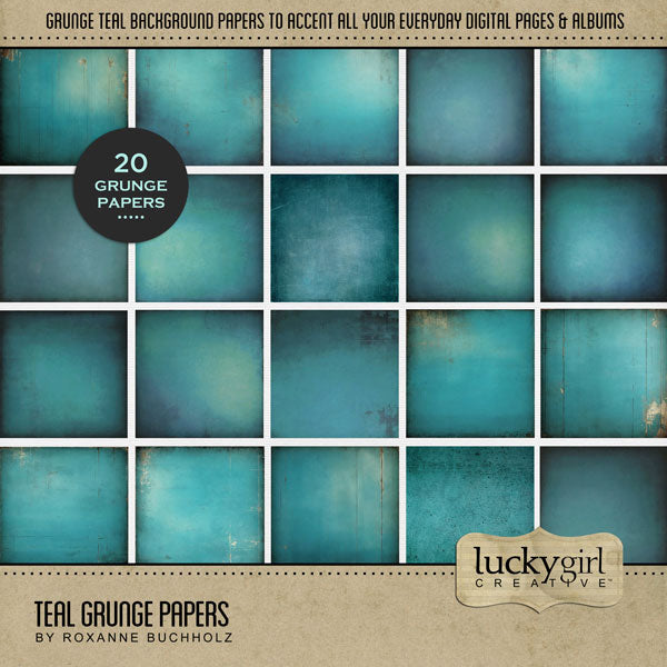 Accent your traditional seasonal pages with these teal textured and grunge papers by Lucky Girl Creative digital art for digital scrapbooking. Great for summer, spring, floral, beach, vacation, and everyday pages, too! This kit is included in the Summer Season Papers Bundle.