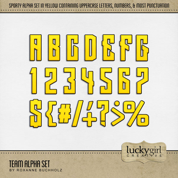 Add these sporty red and white letters, numbers, and punctuation by Lucky Girl Creative digital art to all your digital scrapbooking pages and mix-and-match them on various projects throughout the year! Great for sports, school, construction projects, and everyday moments, too! The Team Alpha Set consists of a full set of digital art uppercase alphabet letters A-Z, numbers 0-9, and most punctuation marks.