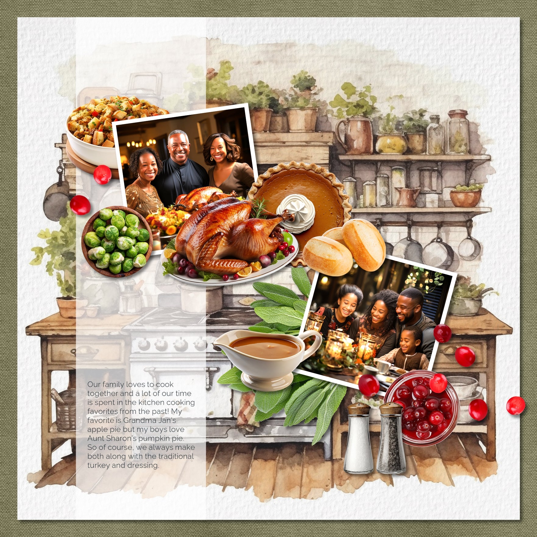 Accent your Thanksgiving greeting cards and traditional holiday pages with these yummy and realistic embellishments and pretty plaid papers by Lucky Girl Creative digital art for digital scrapbooking. Great for the Thanksgiving holiday, family dinners, fall, autumn, and even cooking and baking!